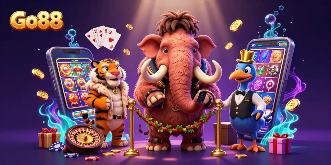 Engage with Go88 by spinning vibrant slot reels amidst casino characters and dazzling game elements.