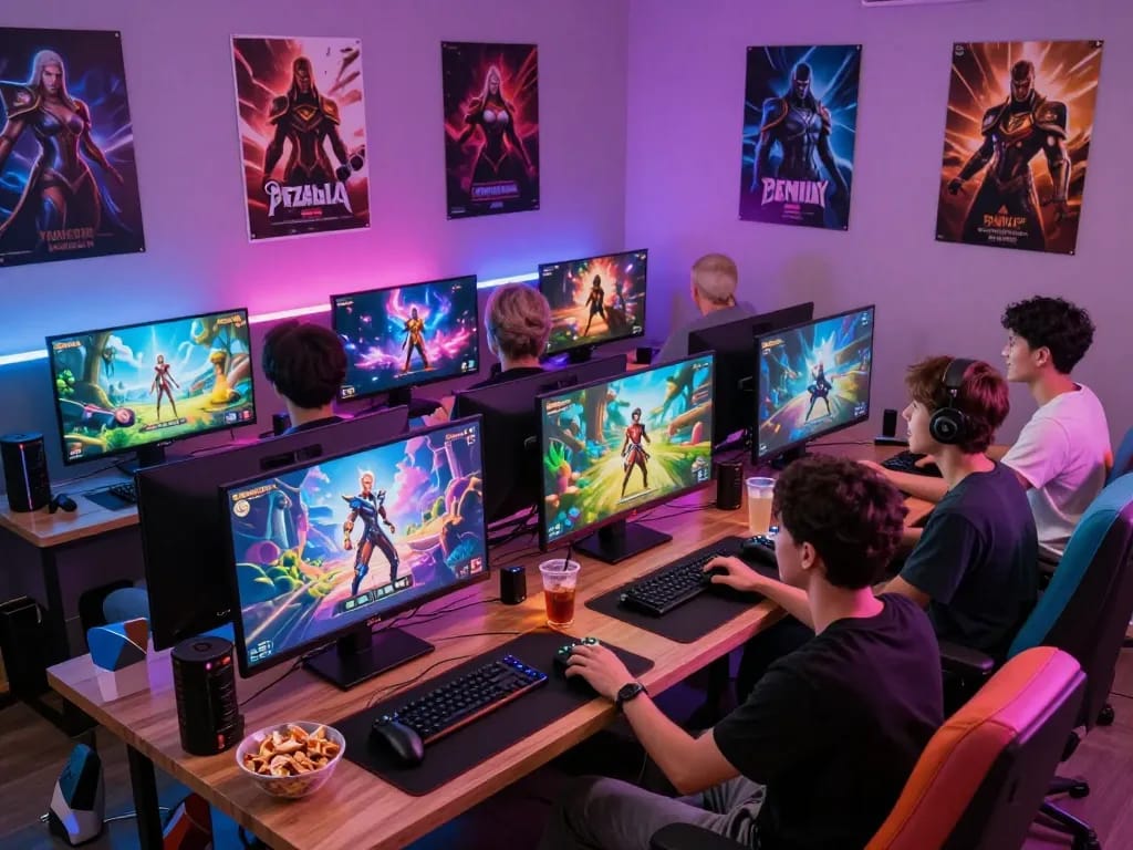 Engaged group playing adult game on multiple screens with snacks in a vibrant gaming setup.