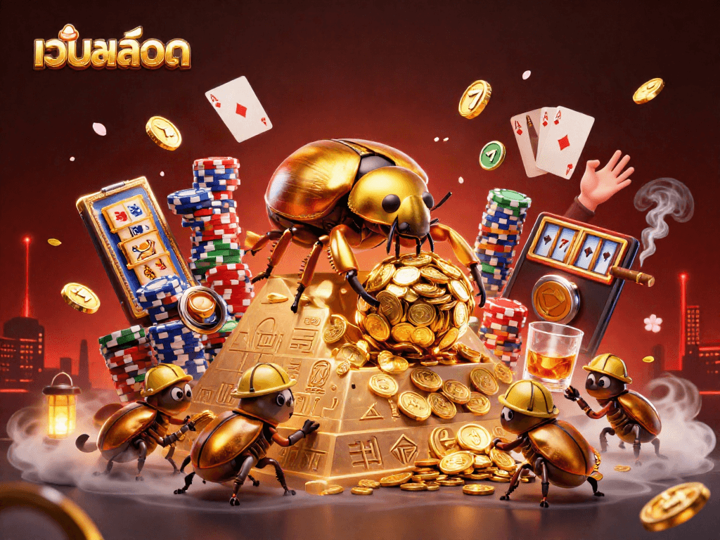 Experience เว็บสล็อต action with golden beetles rolling coins and slots in vibrant casino art.