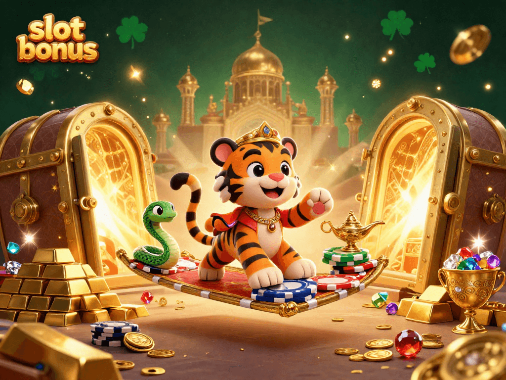 Experience the excitement of slot bonuses with exotic treasure and jackpot thrills in this vibrant design.