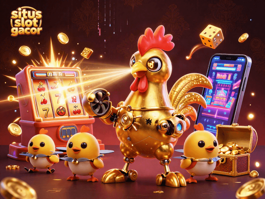 situs slot gacor memicu jackpot dengan robot ayam futuristik dan simbol keberuntungan yang berhamburan