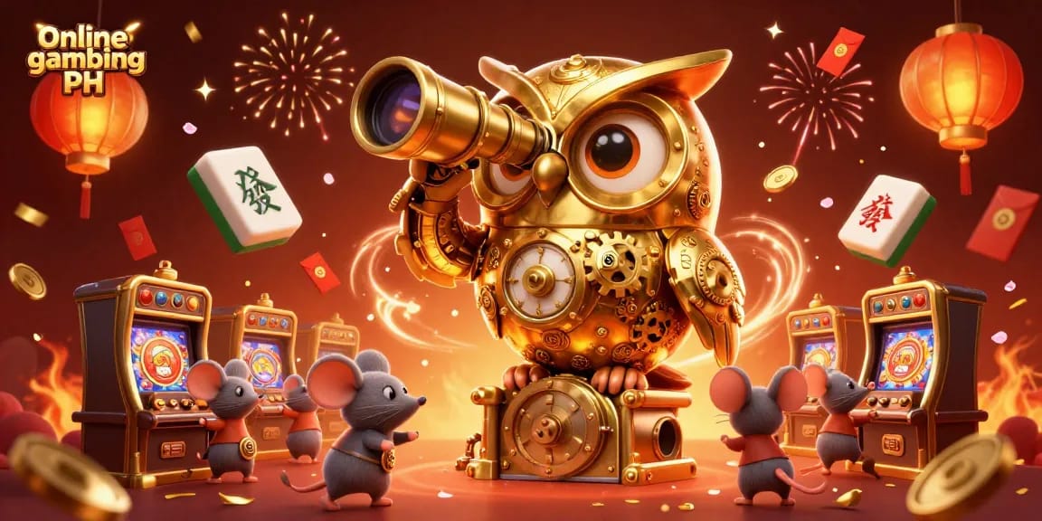 Engage with online gambling PH featuring a golden owl scanning a bustling casino scene.