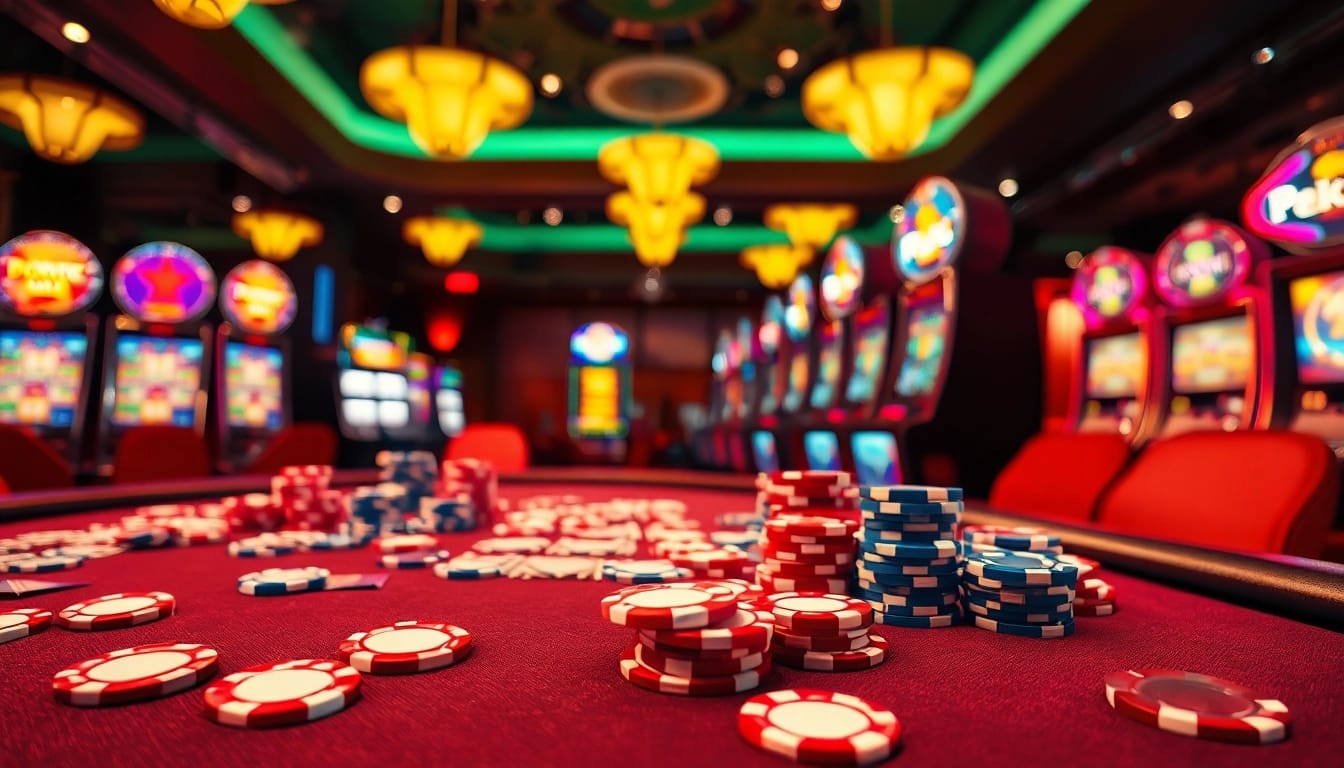Slot deposit 5000 pada meja kasino dengan chip warna-warni dan kartu yang menarik.
