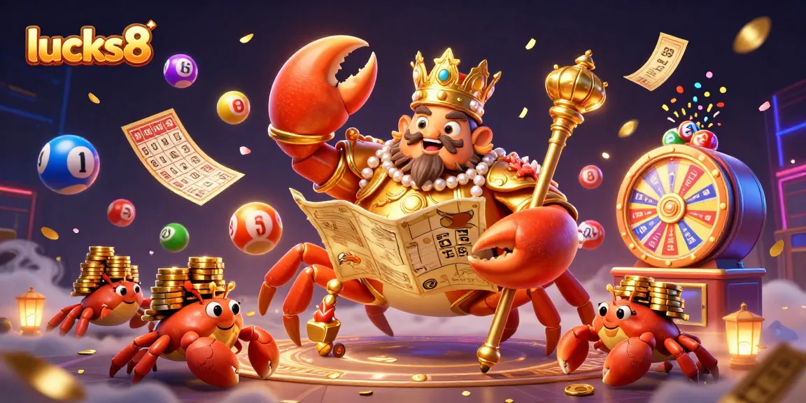Join the lucky adventure with lucks8 as a golden crab emperor and treasures rain down in this vibrant casino scene.
