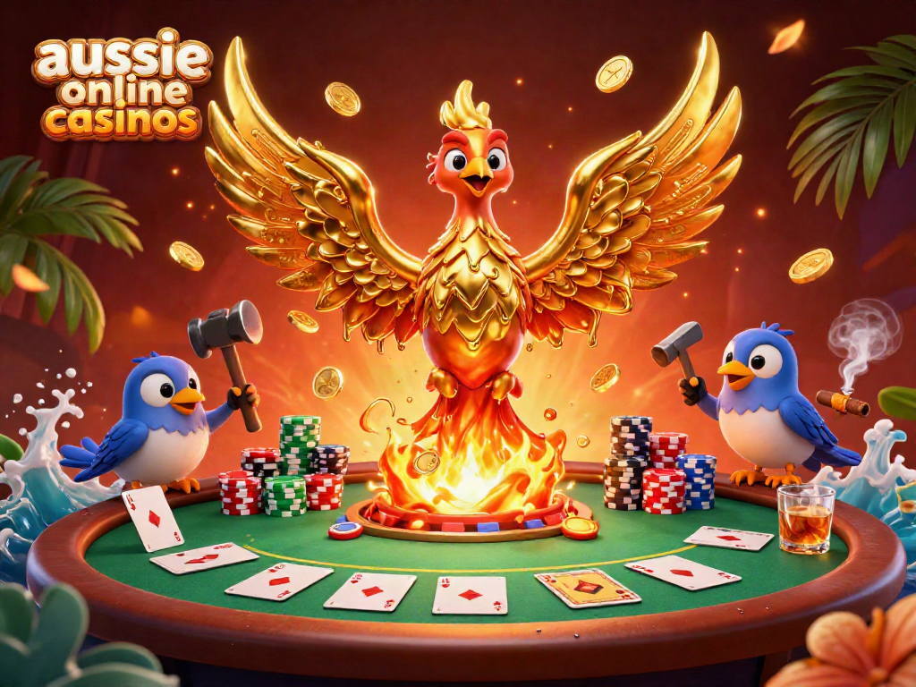 Experience the thrill of aussie online casinos with a dynamic phoenix scene filled with golden coins and poker action.