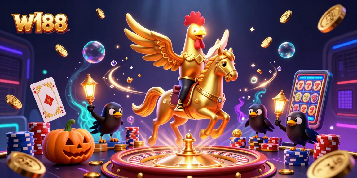W188 offers interactive fun with a golden rooster and glowing elements in a vibrant casino scene