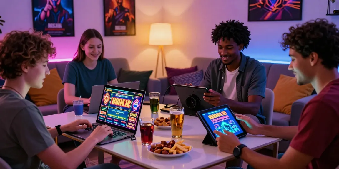 Friends enjoying gaming on multiple devices at home, exploring new online casinos UK in a cozy atmosphere.