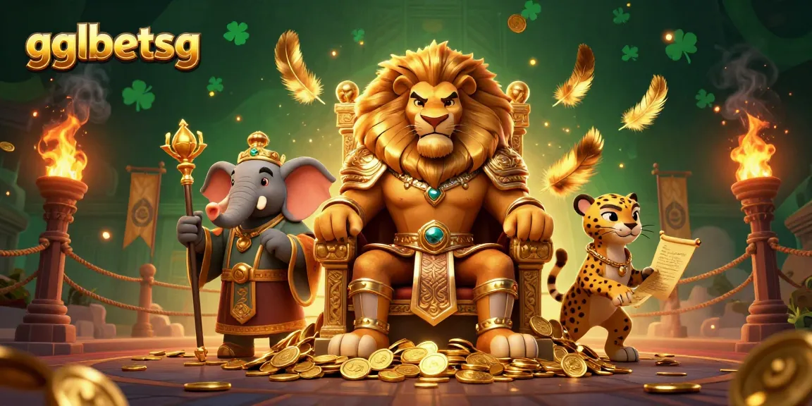 gglbetsg showcases a vibrant esports betting scene with a lion king, elephant advisor, and cheetah messenger.