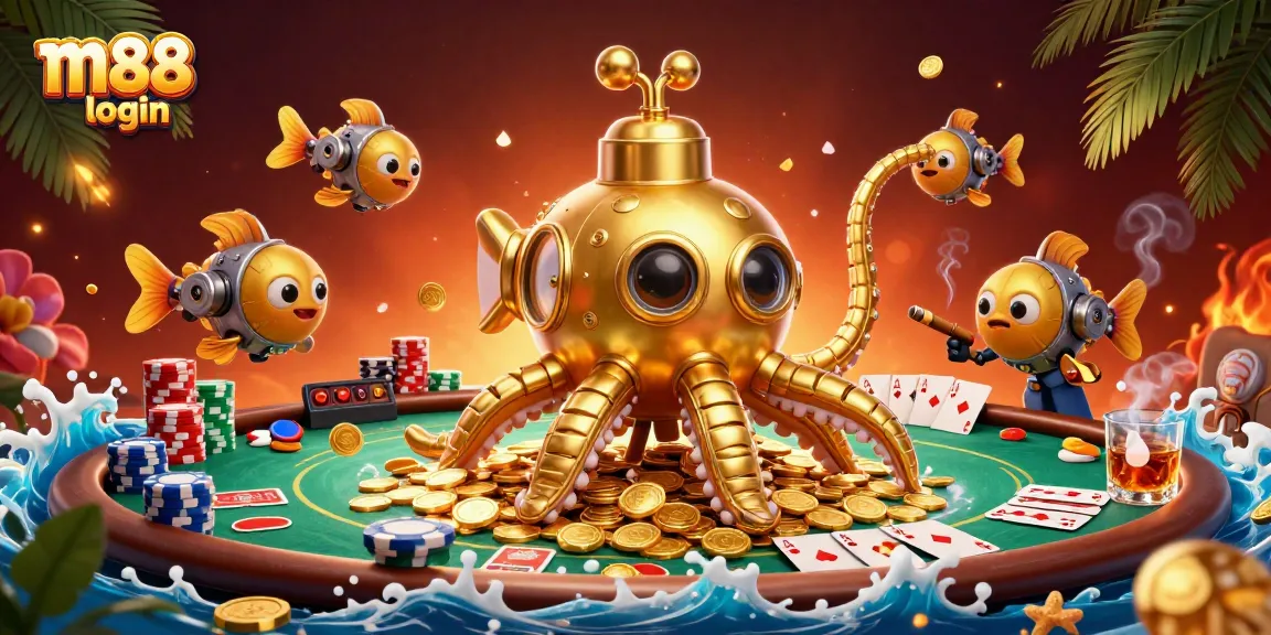 Experience the thrill of m88 login with a vibrant casino scene featuring a golden kraken submarine among poker elements.