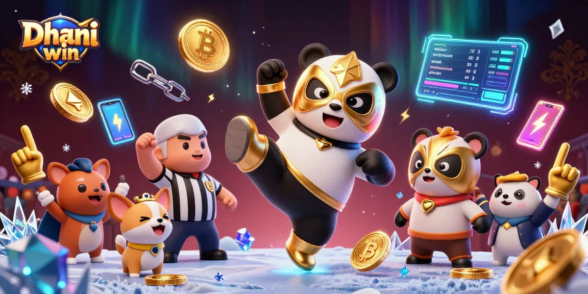Dhani win action scene with cartoon panda wrestler flying kick in a vibrant casino atmosphere