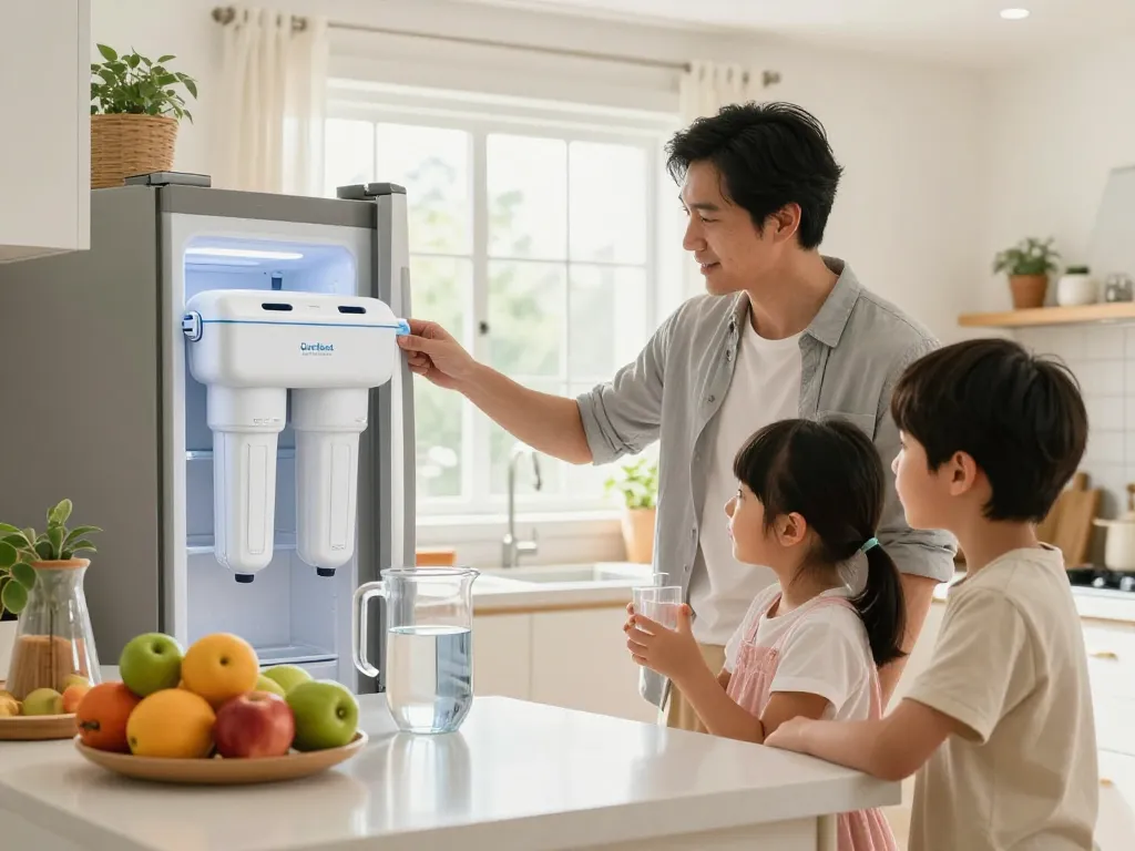 Overbest DA29-00020B Refrigerator Water Filter showcased in a family kitchen with fresh fruits and a pitcher of water.