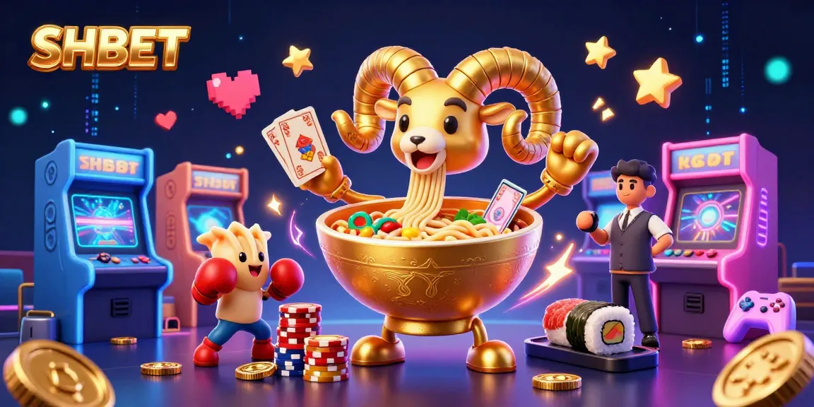 Engage in exciting gameplay with SHBET’s vibrant casino scene featuring a golden ramen bowl character.