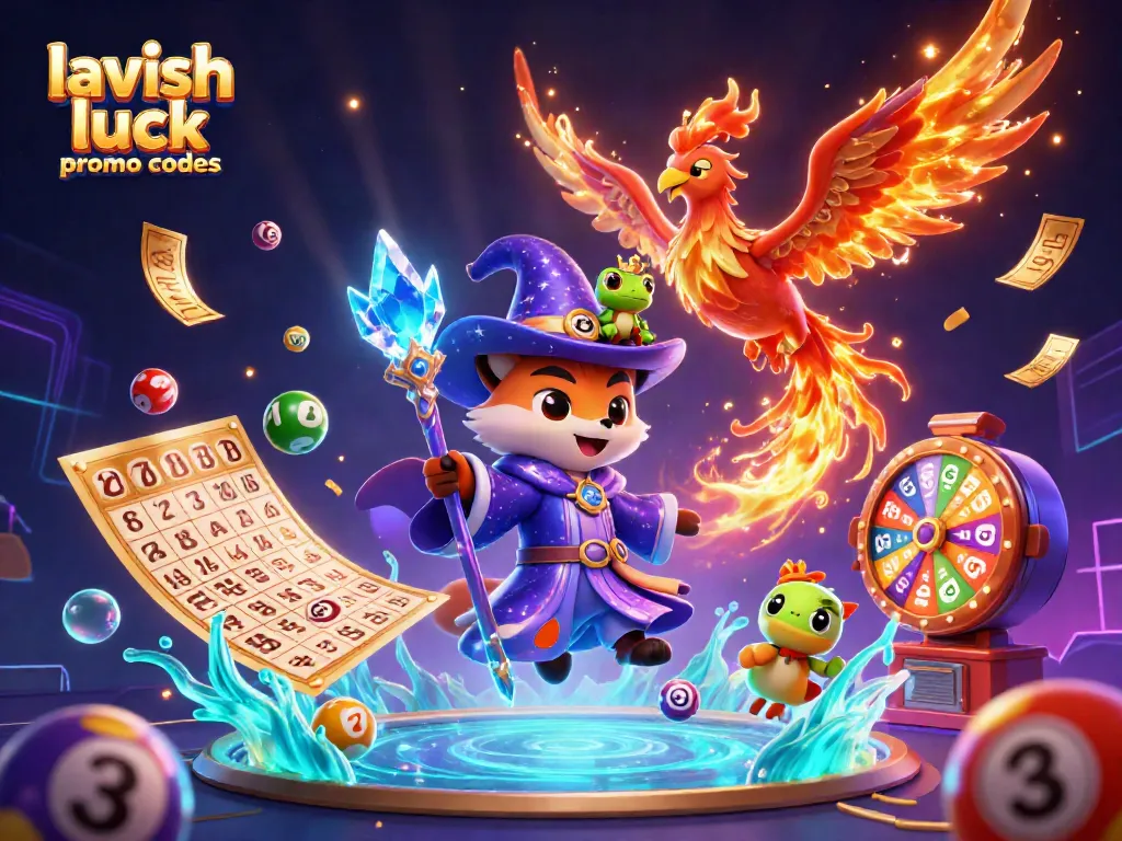 Claim lavish luck promo codes while enjoying a vibrant casino atmosphere with spinning bingo wheels and colorful lottery balls.