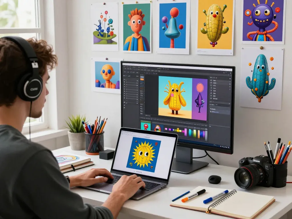 Artist using nano banana 2 AI image editor in a vibrant creative workspace.