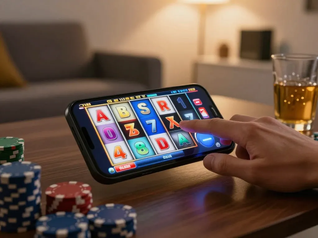 LIGA2000 player engaging with colorful slots on smartphone, showcasing active online gaming