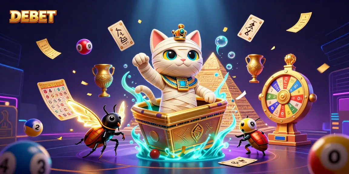 Engage with DEBET as the Egyptian mummy cat bursts from its sarcophagus in a dynamic casino scene.