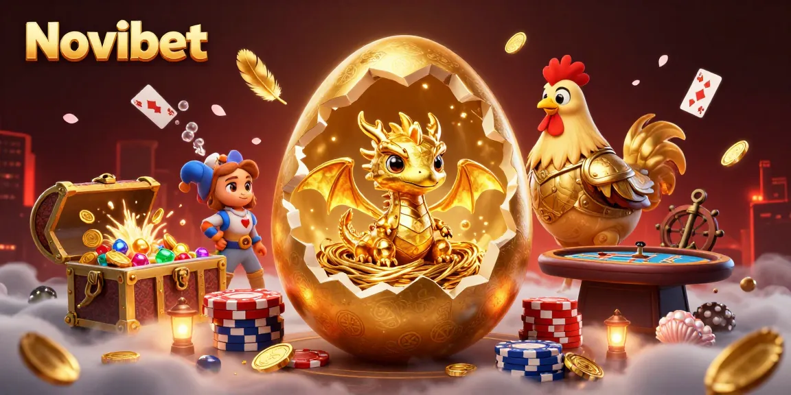 Place your bets on Novibet as a golden dragon emerges from a cracking egg amidst swirling poker chips.