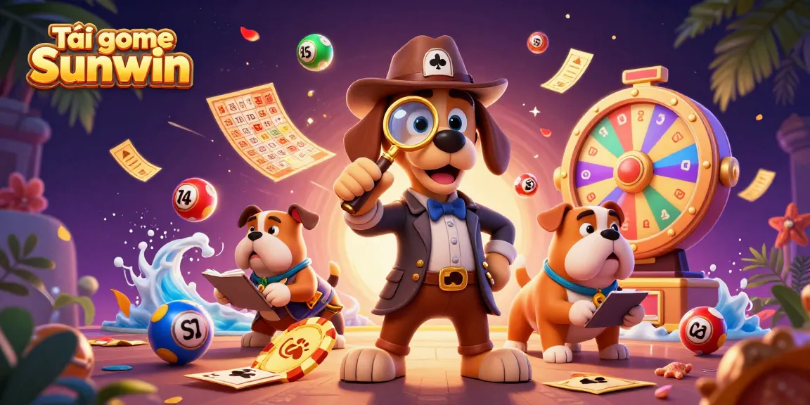 Tải game Sunwin with cartoon detective characters discovering clues in a vibrant casino scene filled with lottery elements.