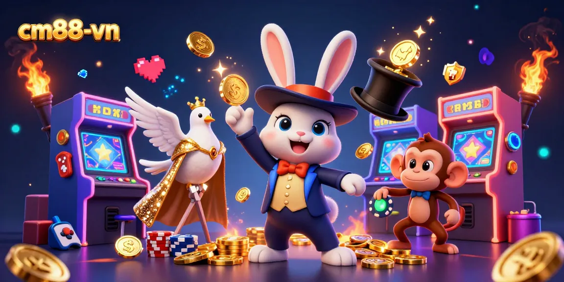 Experience thrilling fun at cm88-vn with cartoon characters enjoying golden coins and arcade games.
