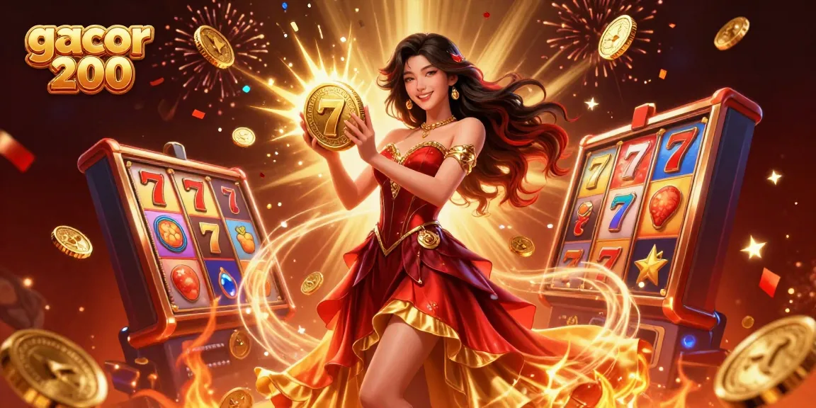 Win big with gacor 200 as a beautiful woman holds a golden coin surrounded by slot reels.