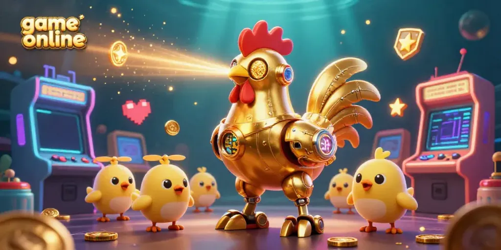Engage with the exciting world of game online through a vibrant 3D casino illustration featuring a dynamic golden rooster robot.