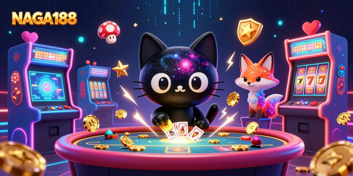 NAGA188 menghadirkan suasana kasino yang menarik dengan kucing hitam berputar dan karakter unik, sedang menarik chip emas.