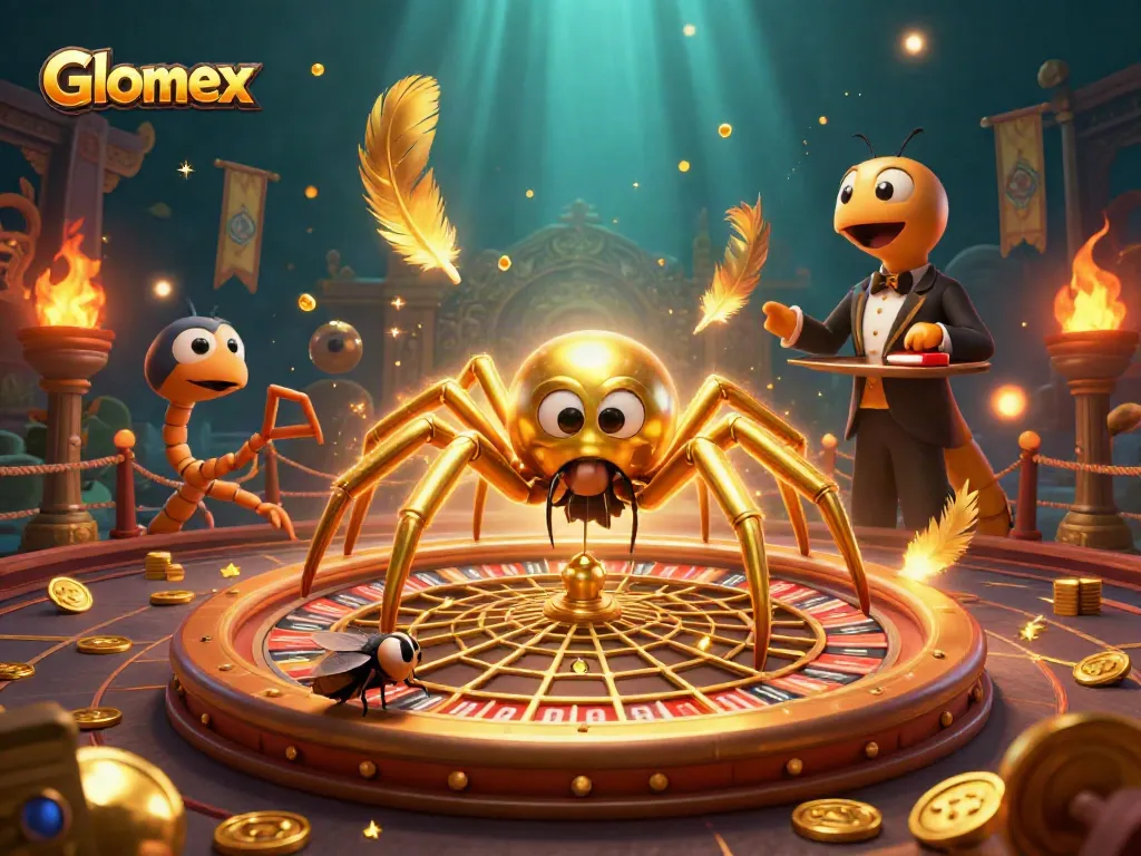 Engage with Glomex's thrilling casino scene featuring a spider croupier and roulette wheel.