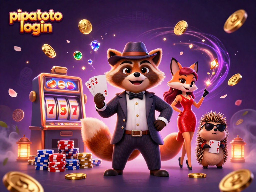 Pipatoto login showcases a stylish raccoon and companions enjoying thrilling casino excitement with vibrant slot machines and coins.
