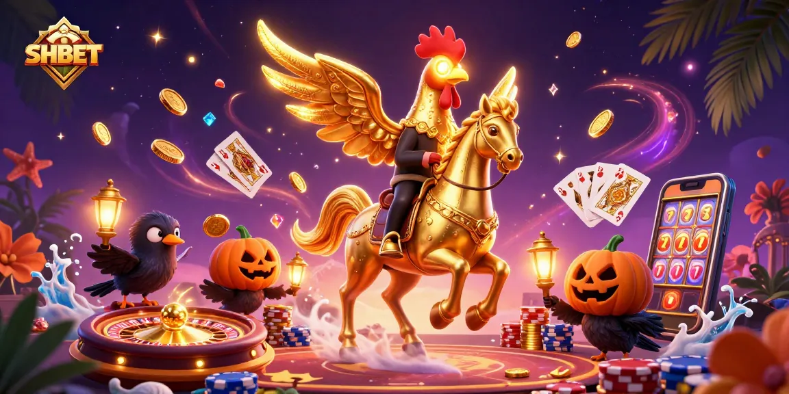 Experience SHBET’s thrilling casino atmosphere with a golden rooster riding a spectral horse amidst stunning visuals.