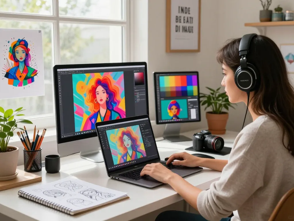 Digital artist using Nano Banana 2 AI for vibrant image editing in a modern creative workspace.