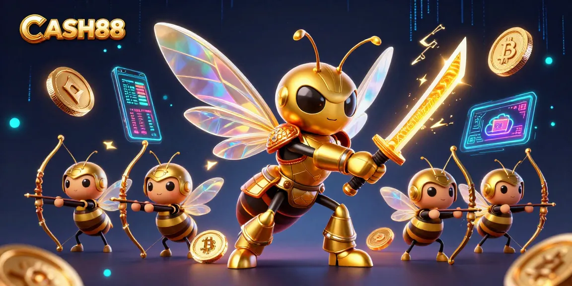 CASH88 captures the thrill of winning with vibrant 3D graphics showcasing a golden hornet warrior amidst cryptocurrency elements and gaming symbols.