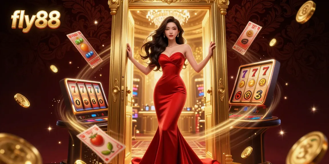 Experience the excitement of fly88 with a stunning 3D casino illustration showcasing vibrant slot game elements.