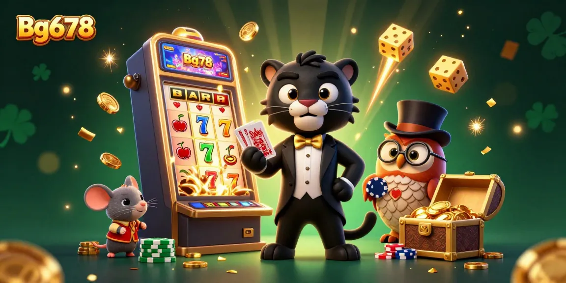 Engaging illustration featuring Bg678's dynamic gaming experience with vibrant casino elements and charming characters.