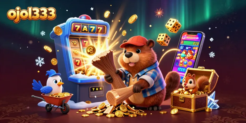 Spin the reels and win big with ojol333 in an exciting casino-themed 3D illustration featuring vibrant characters.