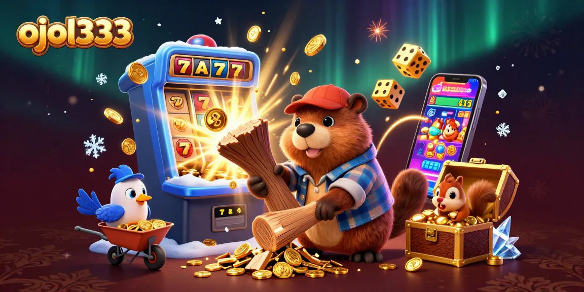 Spin the reels and win big with ojol333 in an exciting casino-themed 3D illustration featuring vibrant characters.