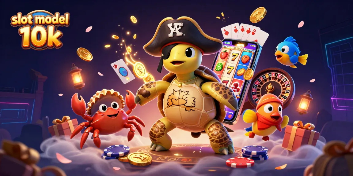 Win big with slot modal 10k in this vibrant 3D casino scene depicting colorful game elements and characters.