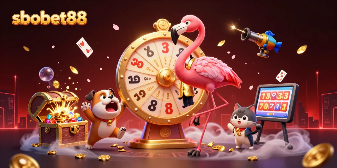 SBOBET88 showcases a vibrant 3D scene with cartoon hosts, a spinning prize wheel, and playful gambling elements, perfect for online bettors.