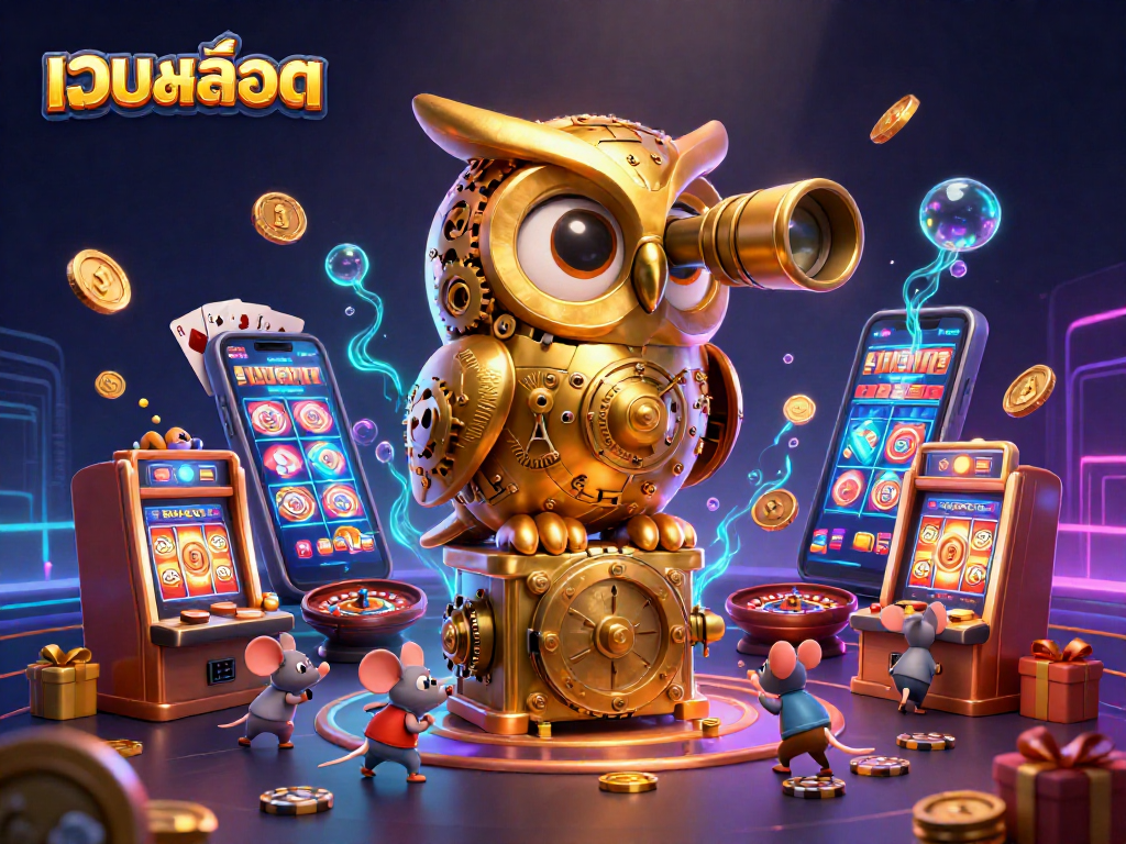 Experience exciting gaming with เว็บสล็อต: colorful slots and a lively casino scene featuring an animated owl.