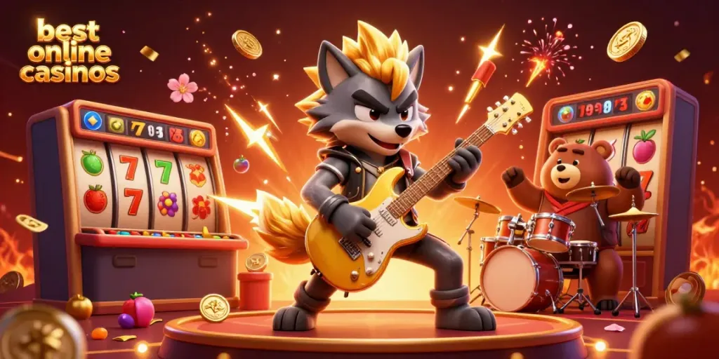 Experience the excitement of the best online casinos with a dynamic scene featuring a rock star wolf and drummer bear.