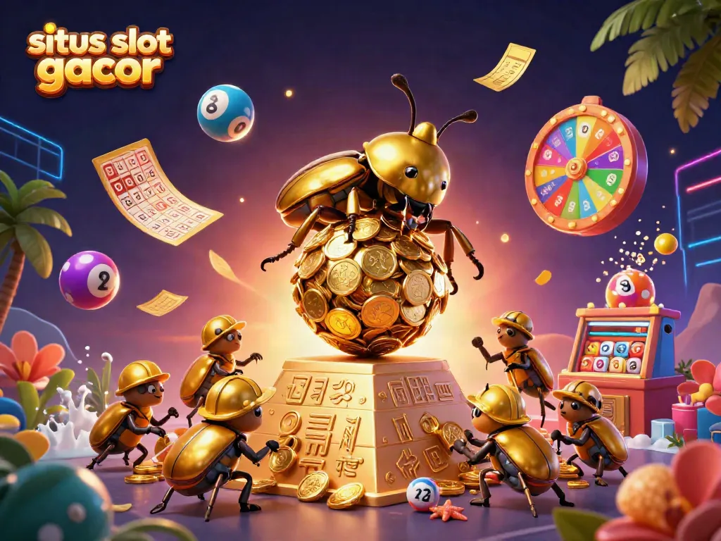 Gambaran mendetail kasino dengan situs slot gacor yang menyajikan kegembiraan dan keberuntungan melalui simbol emas dan lotere.