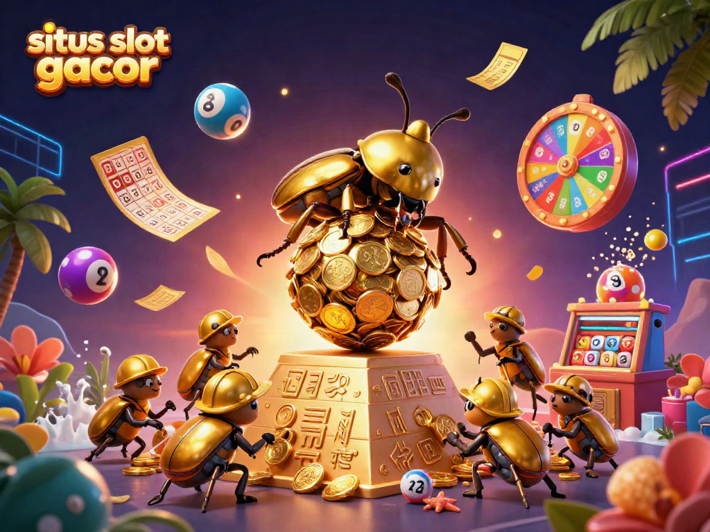 Gambaran mendetail kasino dengan situs slot gacor yang menyajikan kegembiraan dan keberuntungan melalui simbol emas dan lotere.