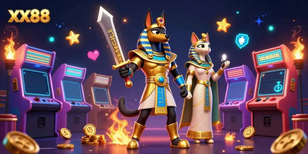 Experience the excitement of xx88 casino gaming with Anubis, Bastet, and vibrant arcade elements.