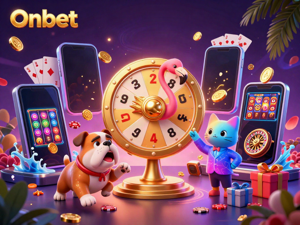 Capture the excitement at Onbet as a cartoon game show host spins a prize wheel with jubilant characters.