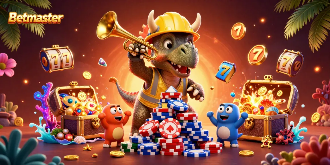 Betmaster showcases excitement with a 3D scene of cartoon dinosaurs celebrating casino gaming in tropical grandeur.
