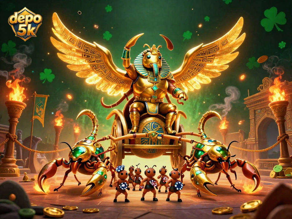 Experience the thrill of depo 5k with stunning casino visuals featuring a majestic beetle and scorpions.