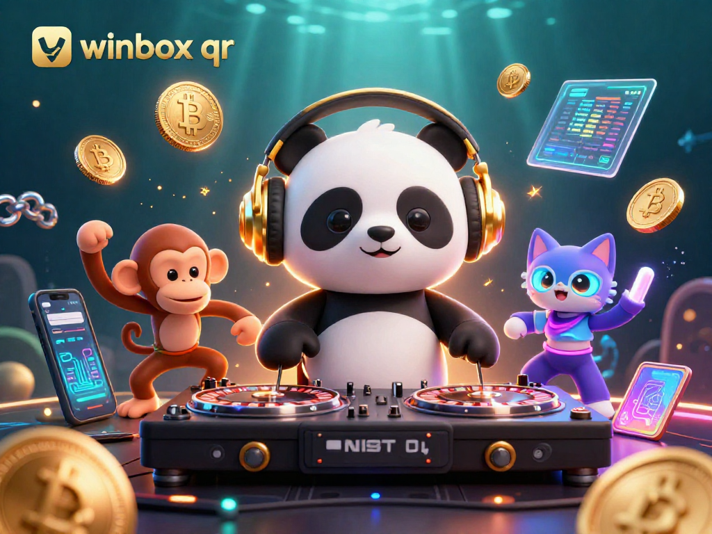 Experience the excitement of winbox qr with a DJ panda and casino-themed characters in a vibrant scene.