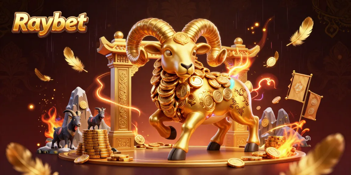 Raybet features a dynamic golden ram charging through a rich casino scene full of excitement.
