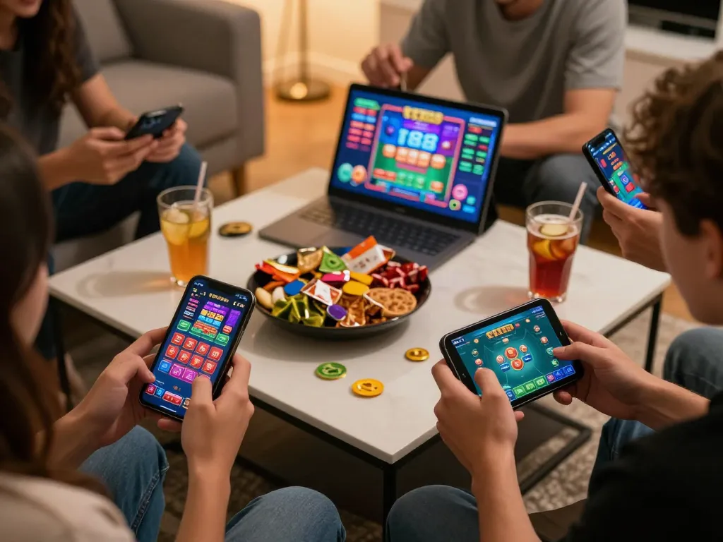 Players engaging with the tr88 casino app on smartphones and tablets during an online gaming night