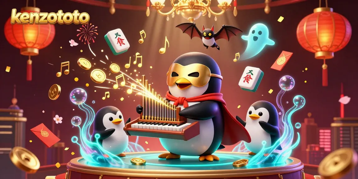Kenzototo penguin casino scene with glowing treasures and celebratory fireworks.