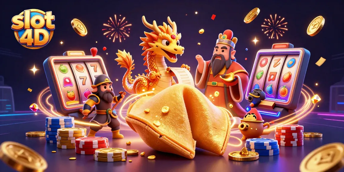 Engage with the vibrant slot 4D world, showcasing spinning reels, golden coins, and festive characters.